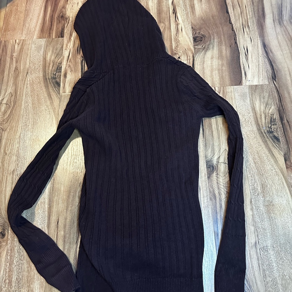 Pattyboutik Y2K Brown Ribbed Knit Hoodie Sweater Womens Small Fitted Cotton - Picture 7 of 7